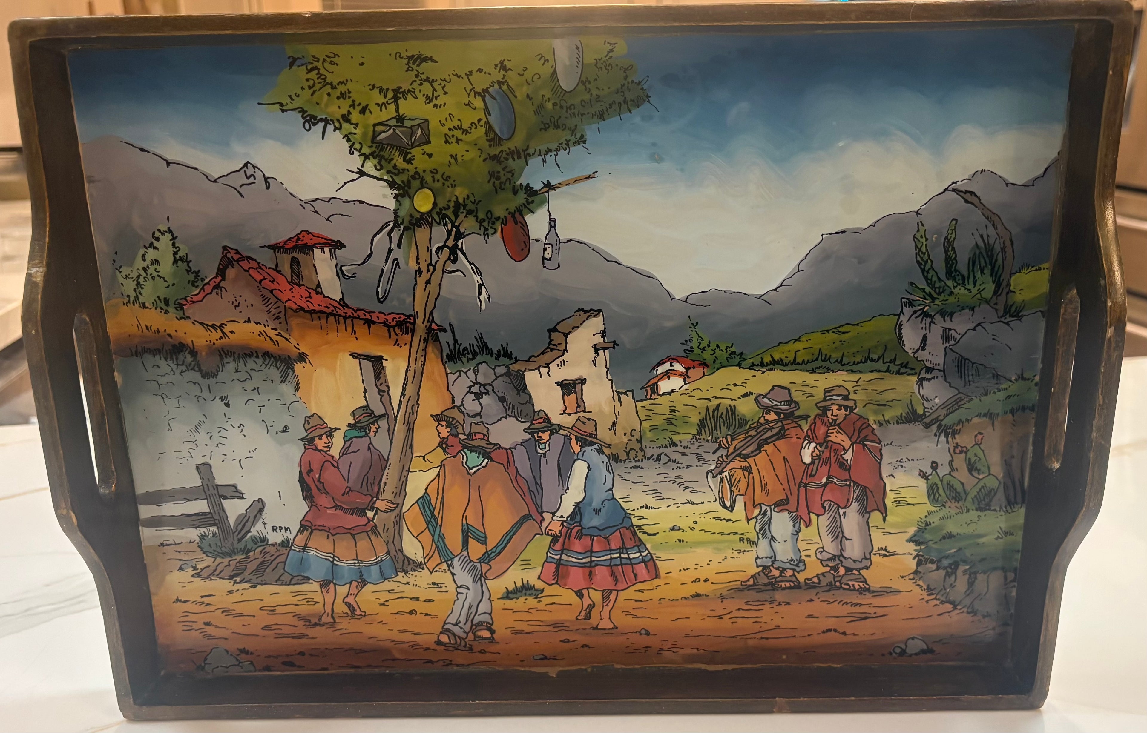 Vintage Peruvian Folk Art Wood Serving Tray – Andean Village Scene, Hand-Painted Style