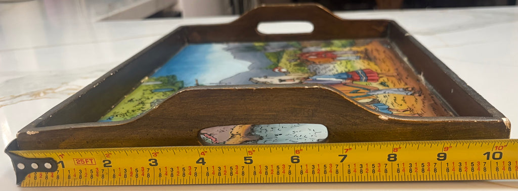Vintage Peruvian Folk Art Wood Serving Tray – Andean Village Scene, Hand-Painted Style