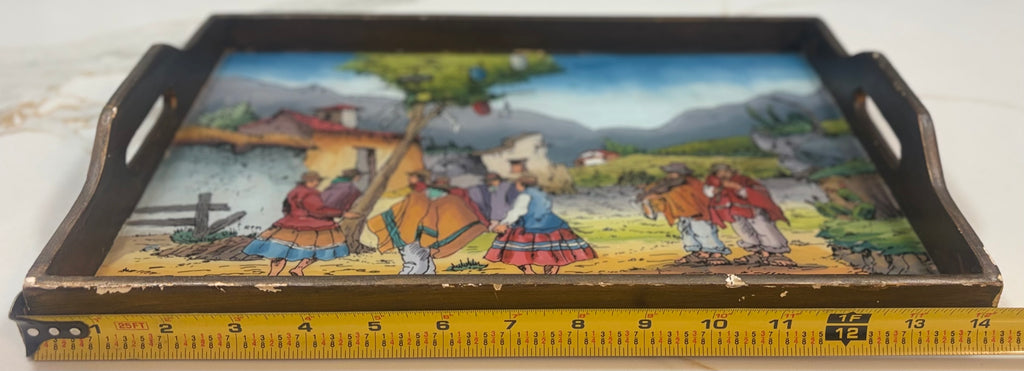 Vintage Peruvian Folk Art Wood Serving Tray – Andean Village Scene, Hand-Painted Style