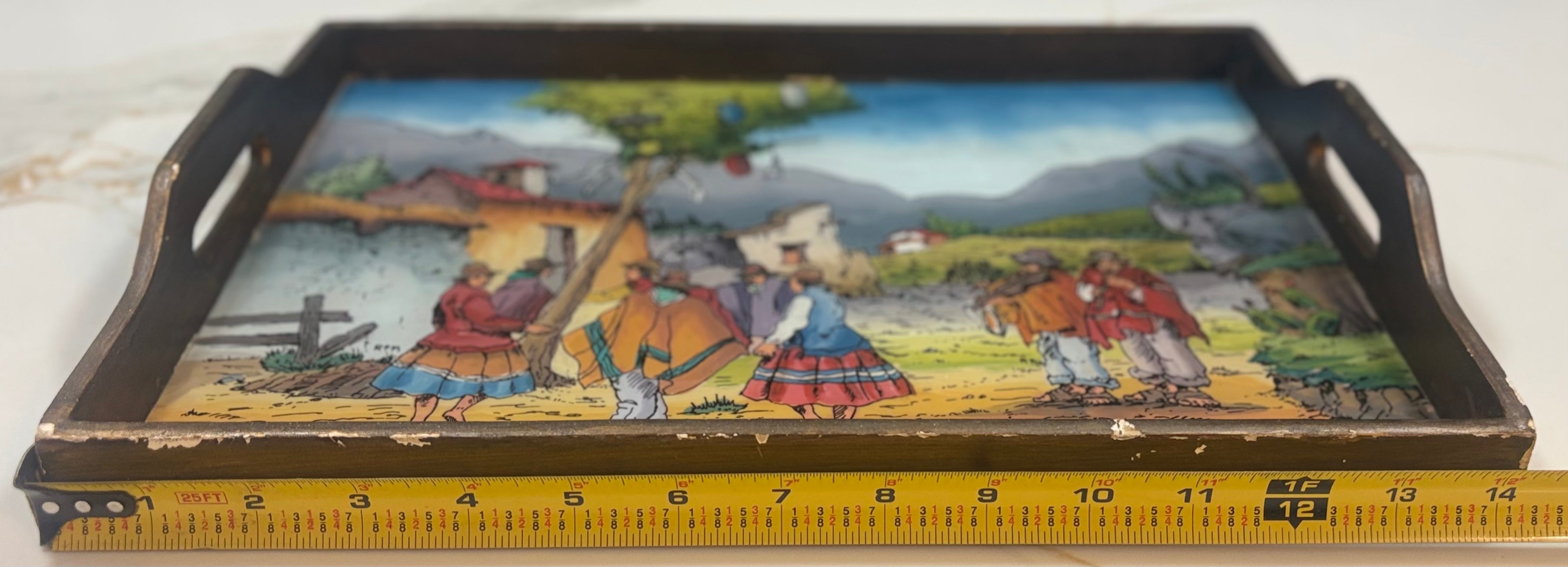 Vintage Peruvian Folk Art Wood Serving Tray – Andean Village Scene, Hand-Painted Style