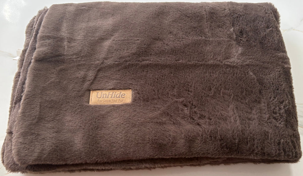 New UnHide Faux Fur Blanket – Brown/Taupe Plush “For Love Not Fur” Throw