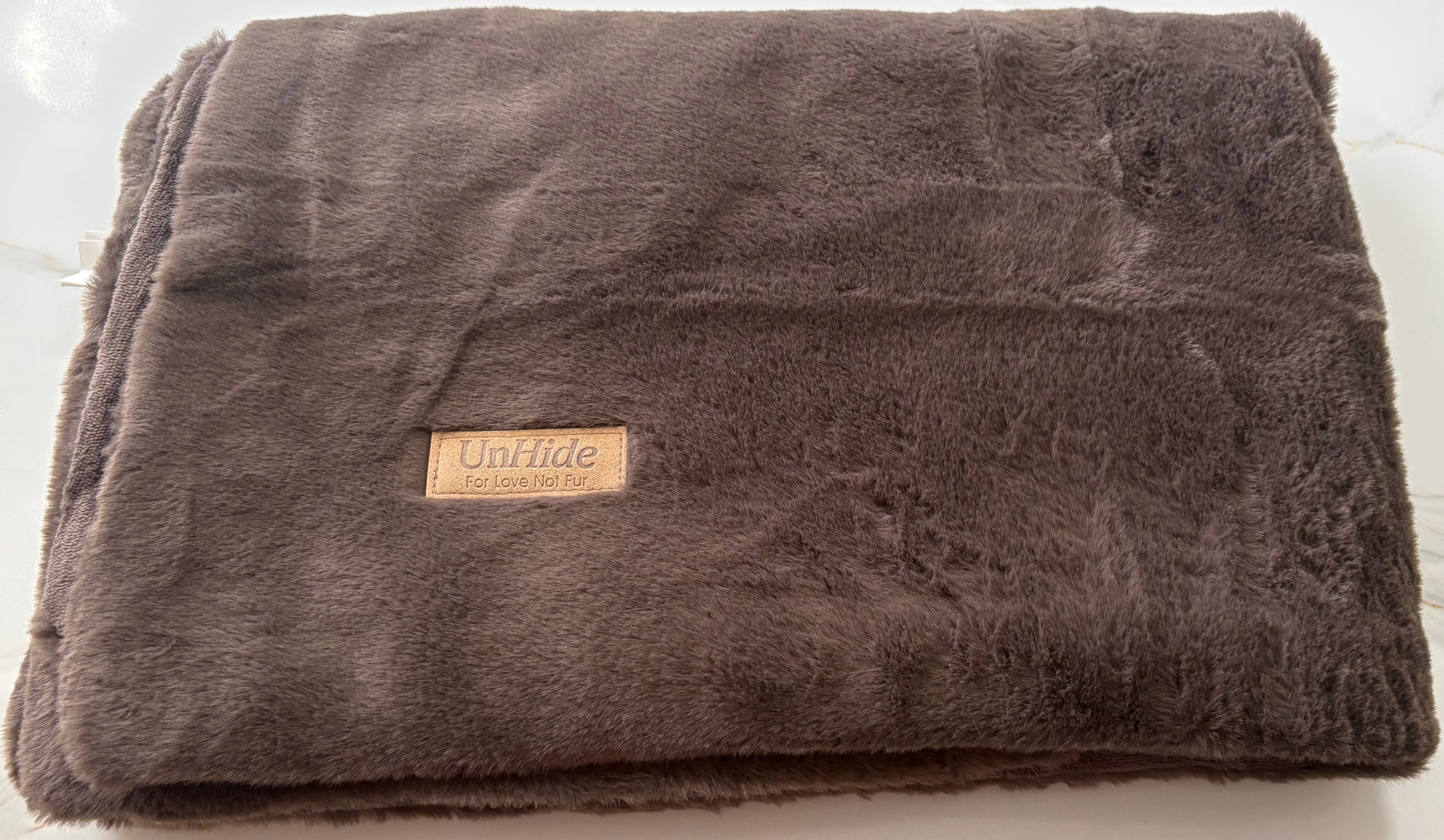 New UnHide Faux Fur Blanket – Brown/Taupe Plush “For Love Not Fur” Throw