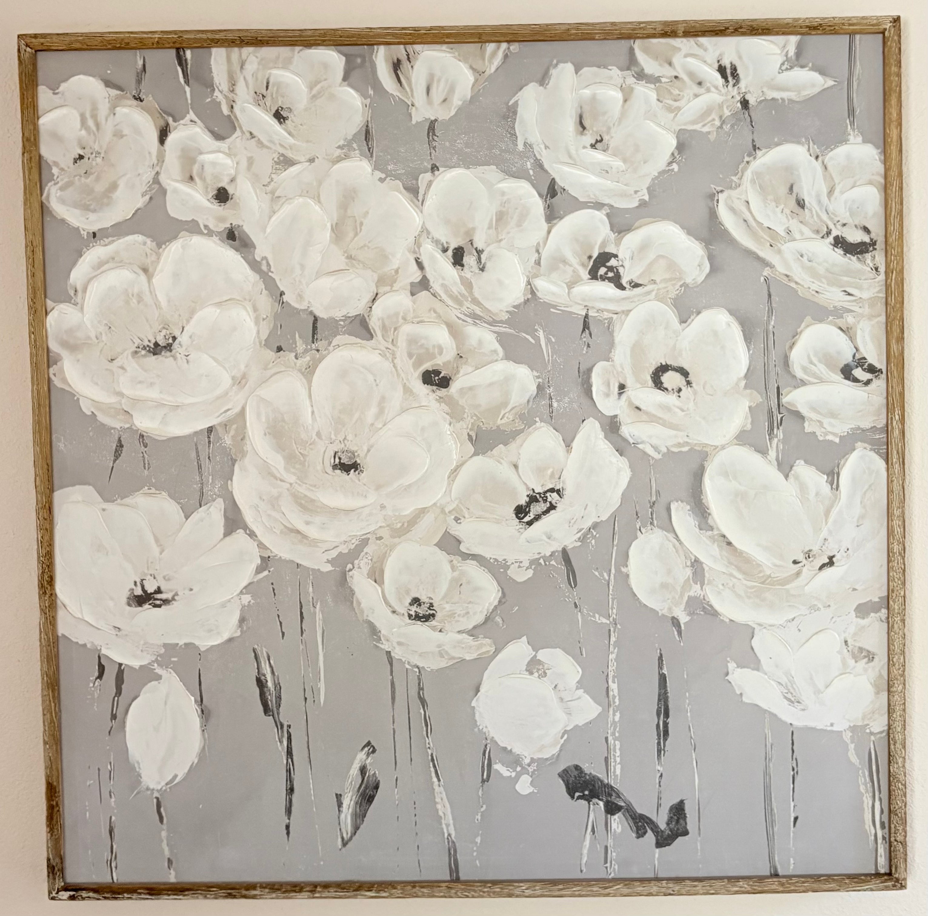 Large 30 Inch Square Framed Modern Textured White Blossoms Framed Canvas Wall Art – 3D Impasto Floral Painting