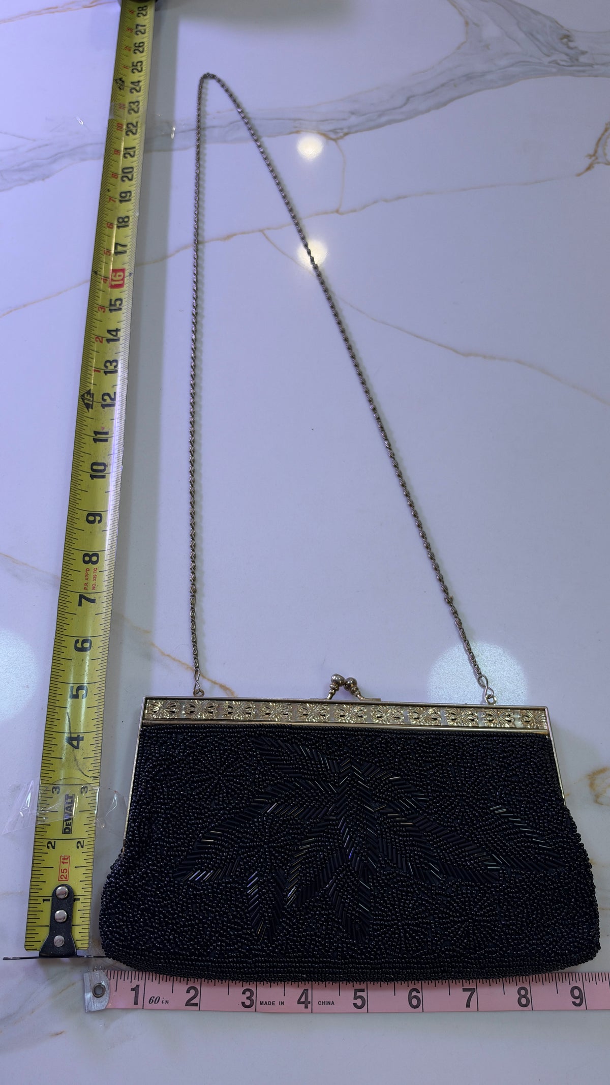 Vintage Jet Black Hand Beaded Floral Evening Clutch – Gold Kiss-Lock Shoulder Purse