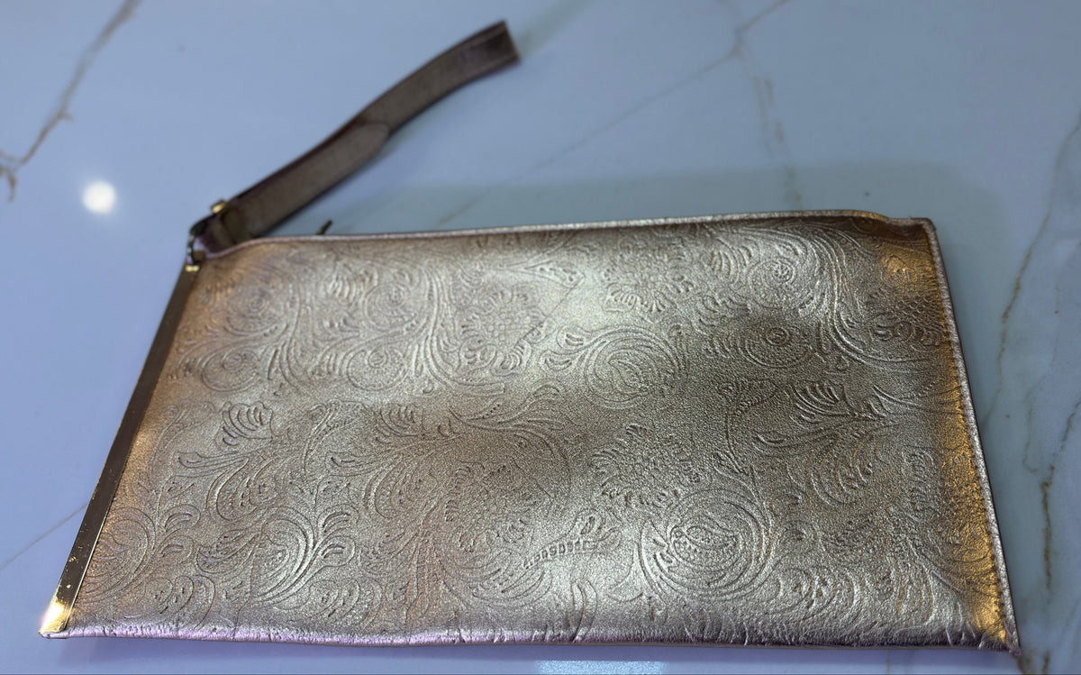 Vintage Metallic Rose Gold Embossed Floral Wristlet Clutch – Elegant Evening Purse