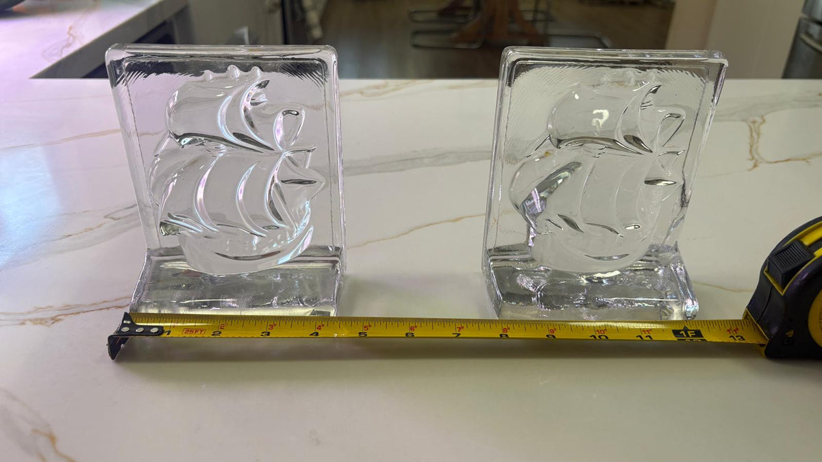 Vintage Pair of New Martinsville Clear Glass Clipper Ship Bookends, Coastal Nautical Office Library Bookshelf Decor - Pair of 2