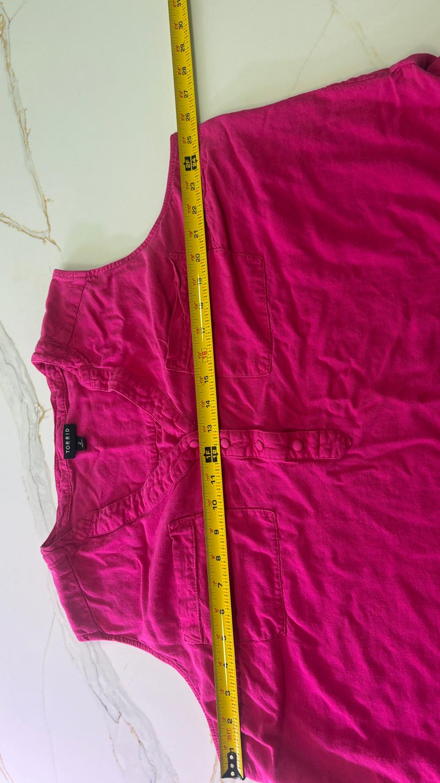 Torrid Plus Size , XXL, 2xl, Hot Pink Cotton Sleeveless Henley Tank Top - Double Pocket Blouse
