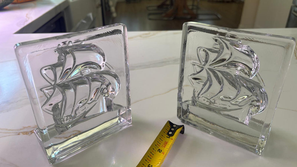 Vintage Pair of New Martinsville Clear Glass Clipper Ship Bookends, Coastal Nautical Office Library Bookshelf Decor - Pair of 2