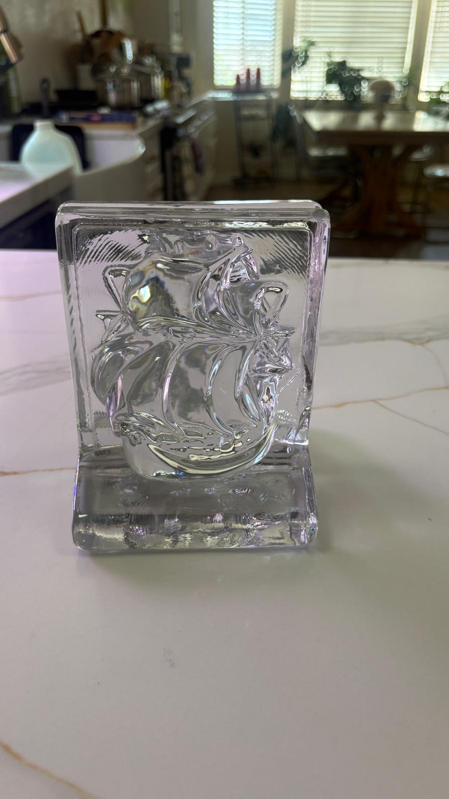 Vintage Pair of New Martinsville Clear Glass Clipper Ship Bookends, Coastal Nautical Office Library Bookshelf Decor - Pair of 2